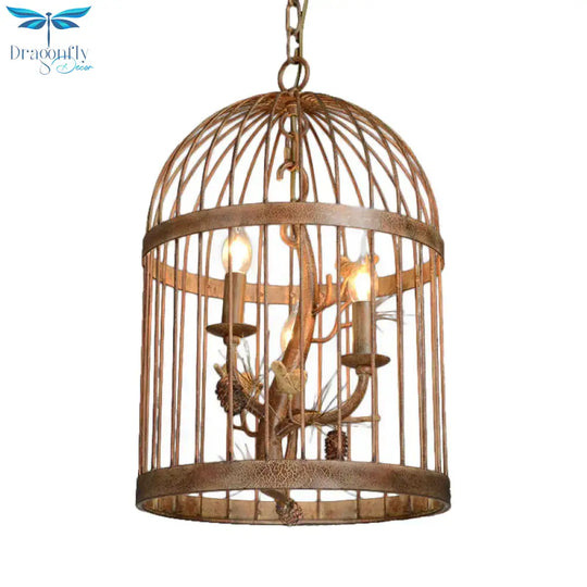 Metal Brown Pendant Lamp Bird Cage 3 Lights Rustic Chandelier Light Fixture For Dining Room