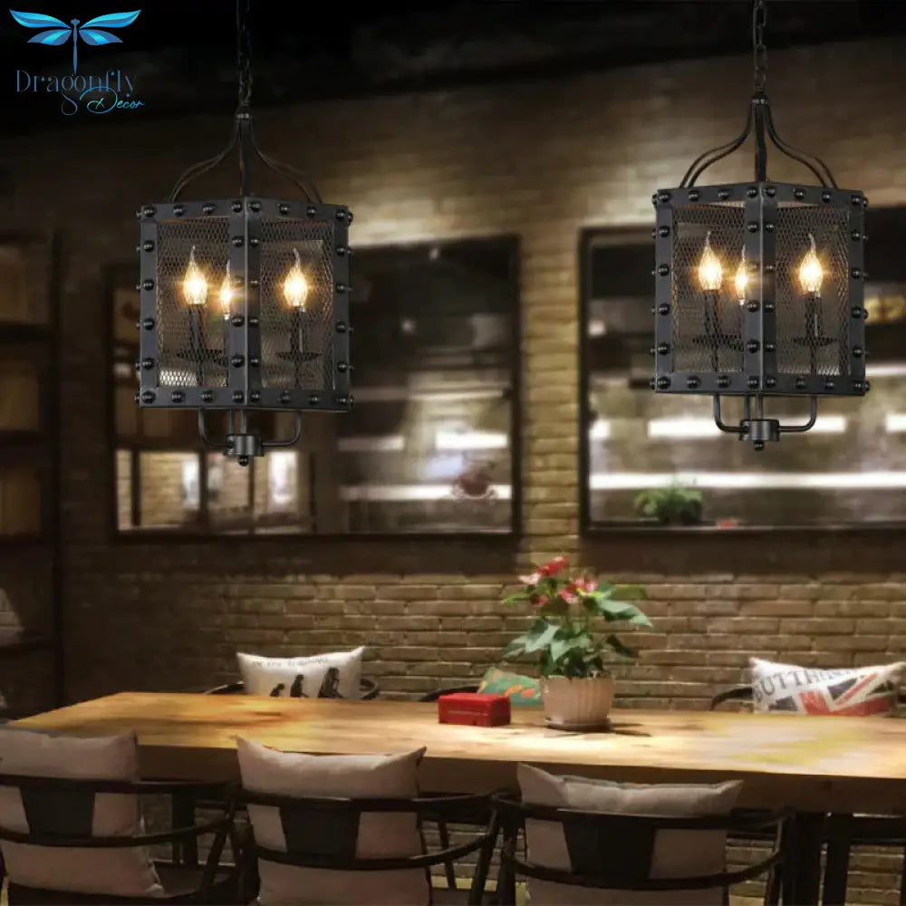 Metal Candle Chandelier Lighting Retro 3 Lights Restaurant Pendant Lamp Fixture In Black