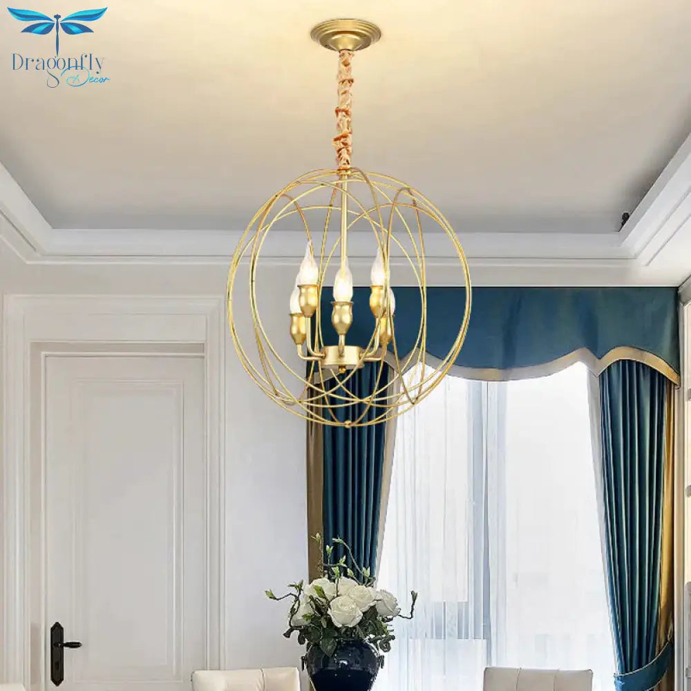 Metal Candle Style Ceiling Pendant Country 4/6 Lights Dining Room Chandelier Lighting In Black/Gold