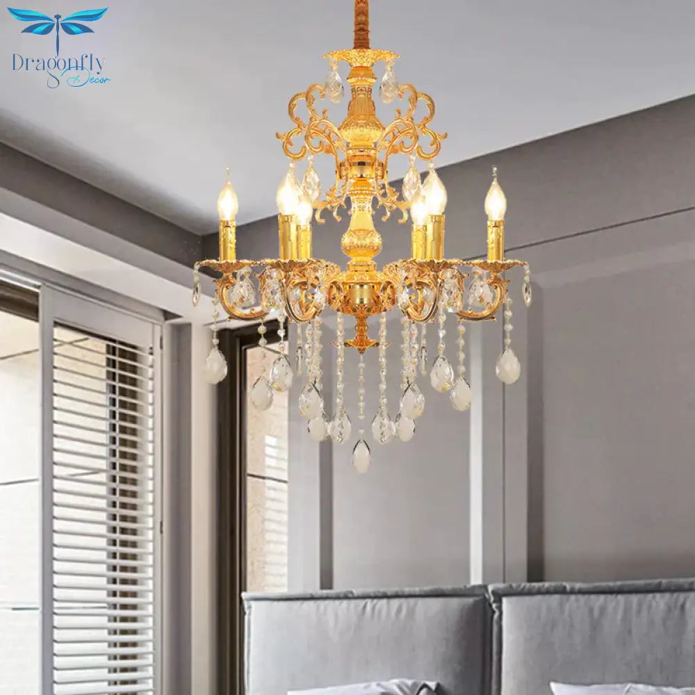 Metal Candlestick Chandelier Lighting Vintage 6 Heads Living Room Suspension Light In Gold With