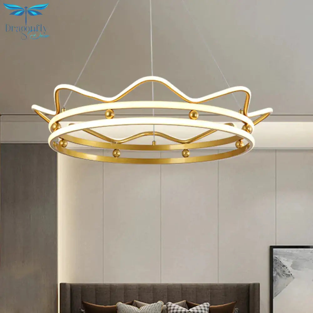 Metal Crown Frame Hanging Light Modernist Led Gold Chandelier Pendant For Bedroom