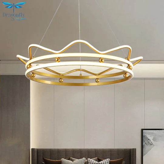 Metal Crown Frame Hanging Light Modernist Led Gold Chandelier Pendant For Bedroom