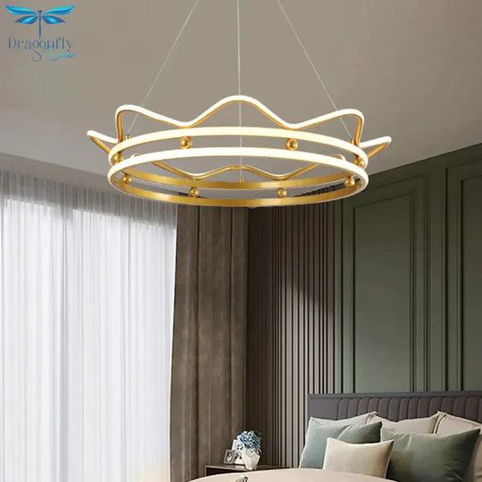 Metal Crown Frame Hanging Light Modernist Led Gold Chandelier Pendant For Bedroom