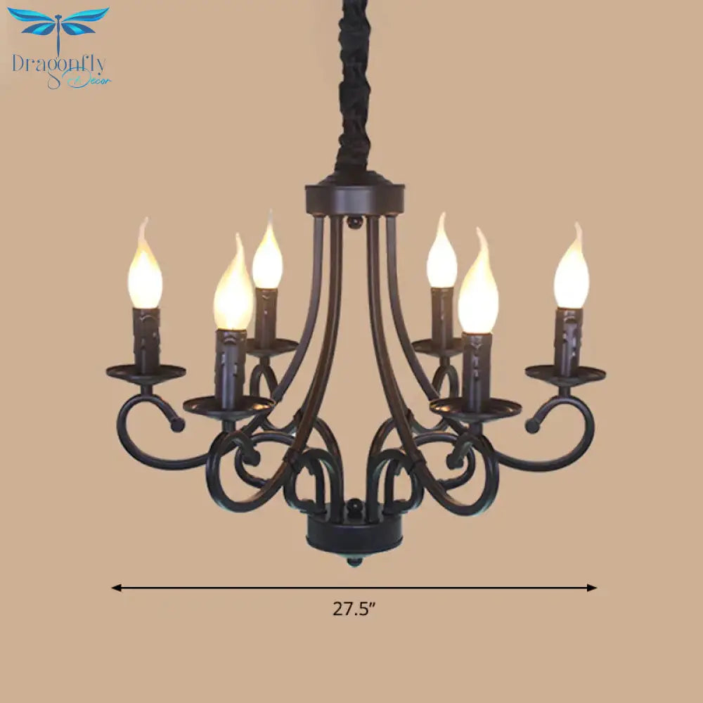 Metal Curly Armed Hanging Chandelier Tradition 6/8 Lights Dining Room Pendant Light Fixture In Black