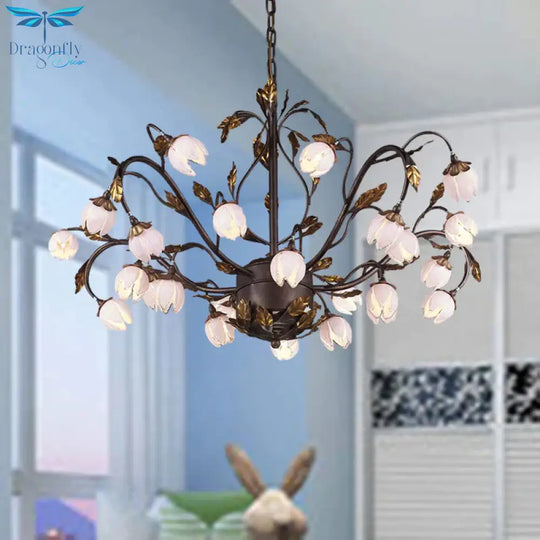 Metal Dark Brown Chandelier Lighting Lotus 12/20/25 Lights American Garden Led Drop Lamp For Bedroom