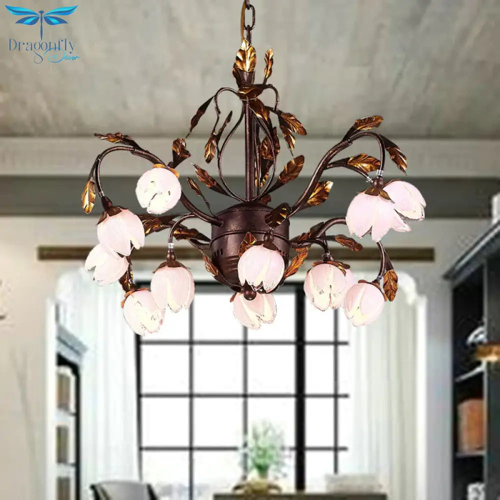 Metal Dark Brown Chandelier Lighting Lotus 12/20/25 Lights American Garden Led Drop Lamp For Bedroom