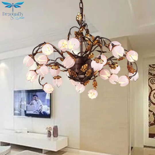 Metal Dark Brown Chandelier Lighting Lotus 12/20/25 Lights American Garden Led Drop Lamp For Bedroom
