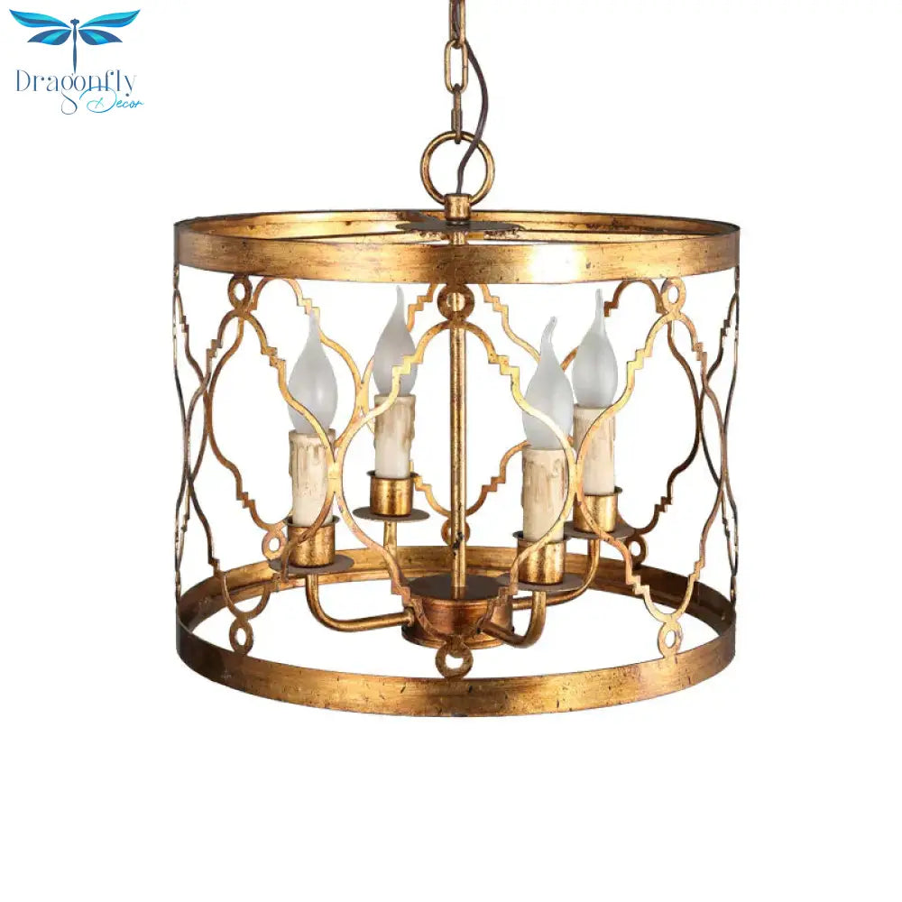 Metal Drum Shade Chandelier Lamp Retro 4 - Head Bedroom Pendant Ceiling Light In Gold