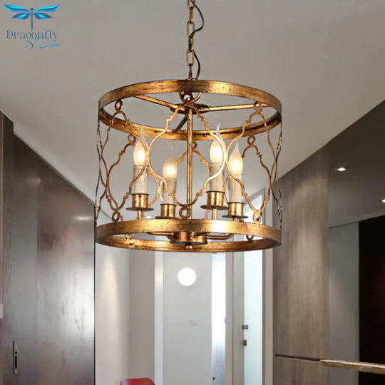 Metal Drum Shade Chandelier Lamp Retro 4 - Head Bedroom Pendant Ceiling Light In Gold