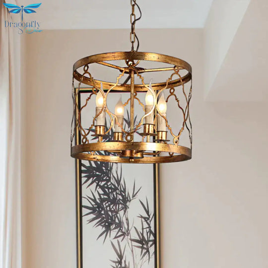 Metal Drum Shade Chandelier Lamp Retro 4 - Head Bedroom Pendant Ceiling Light In Gold