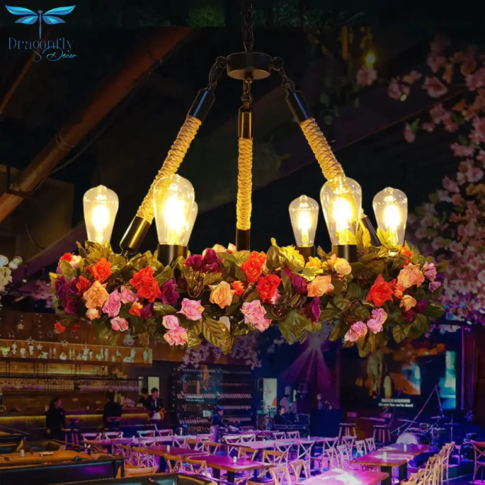 Metal Exposed Bulb Pendant Chandelier Industrial 6 - Light Restaurant Pendulum Light With