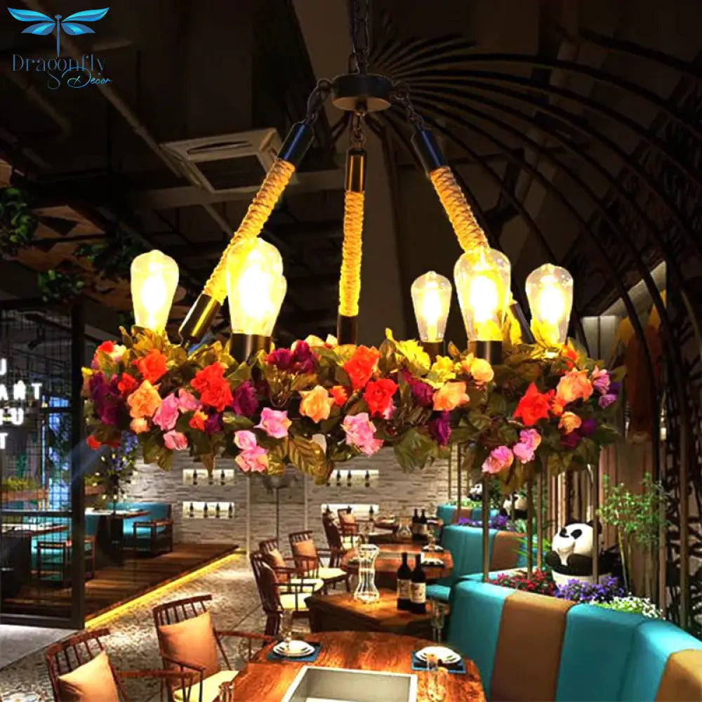 Metal Exposed Bulb Pendant Chandelier Industrial 6 - Light Restaurant Pendulum Light With