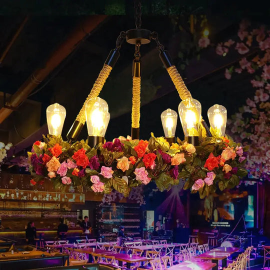 Metal Exposed Bulb Pendant Chandelier Industrial 6 - Light Restaurant Pendulum Light With