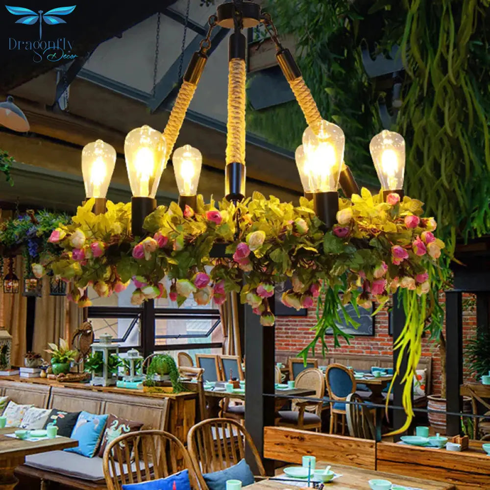 Metal Exposed Bulb Pendant Chandelier Industrial 6 - Light Restaurant Pendulum Light With