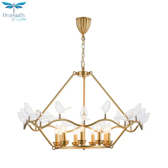 Metal Flower Basket Chandelier Lamp Modern 9 Bulbs Gold Pendant Lighting Fixture With Clear Glass