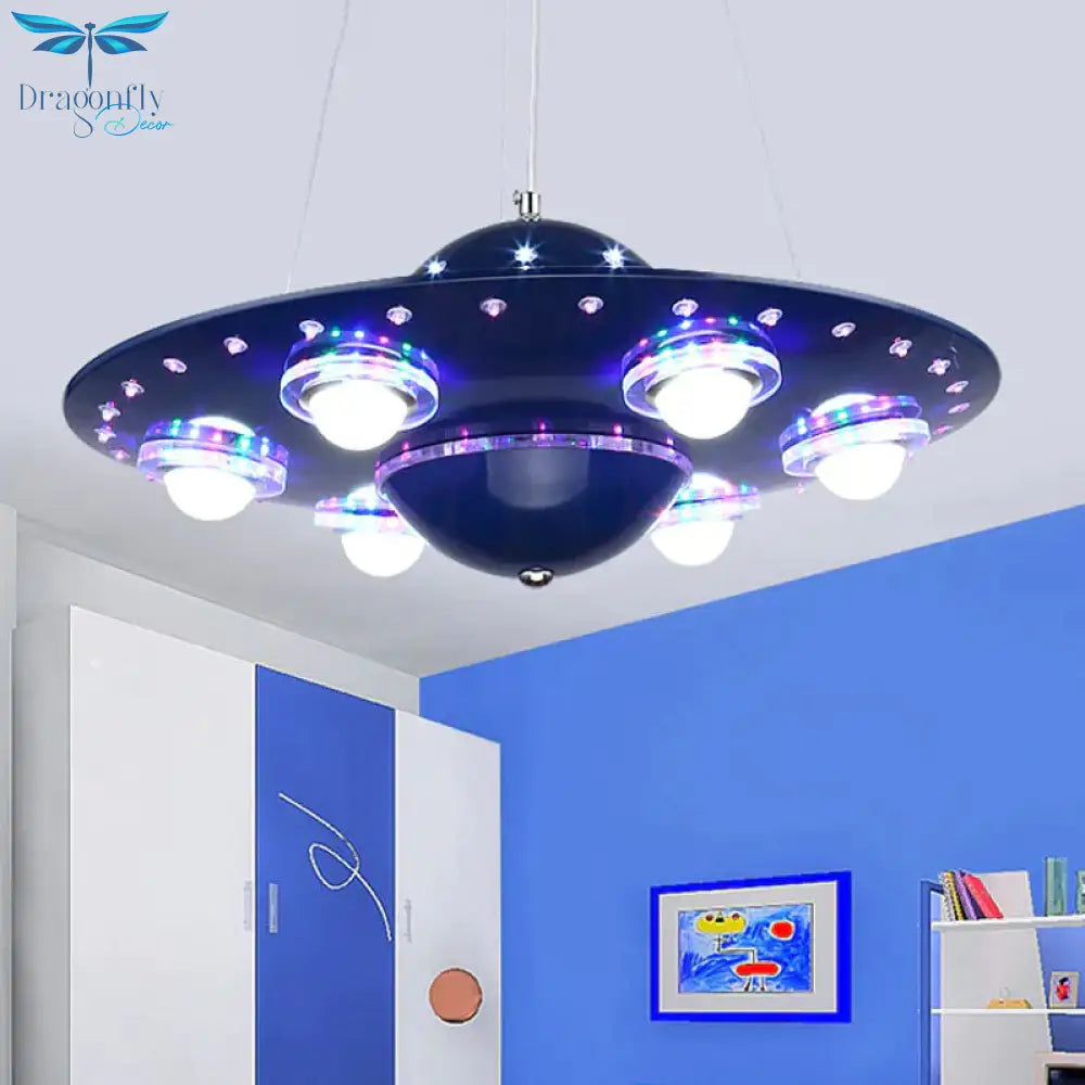 Metal Flying Saucer Hanging Chandelier Cartoon Integrated Led Pendant Ceiling Light In Silver/Dark