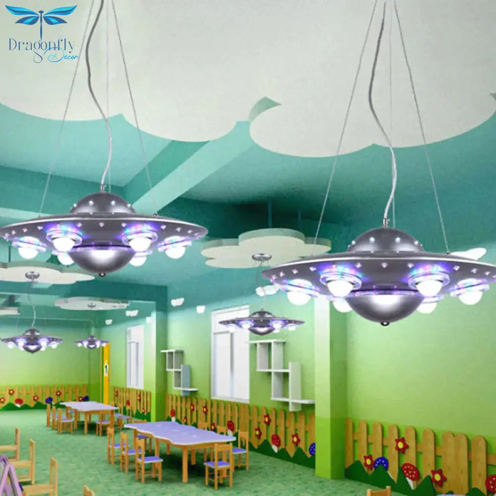 Metal Flying Saucer Hanging Chandelier Cartoon Integrated Led Pendant Ceiling Light In Silver/Dark