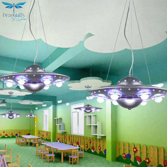 Metal Flying Saucer Hanging Chandelier Cartoon Integrated Led Pendant Ceiling Light In Silver/Dark