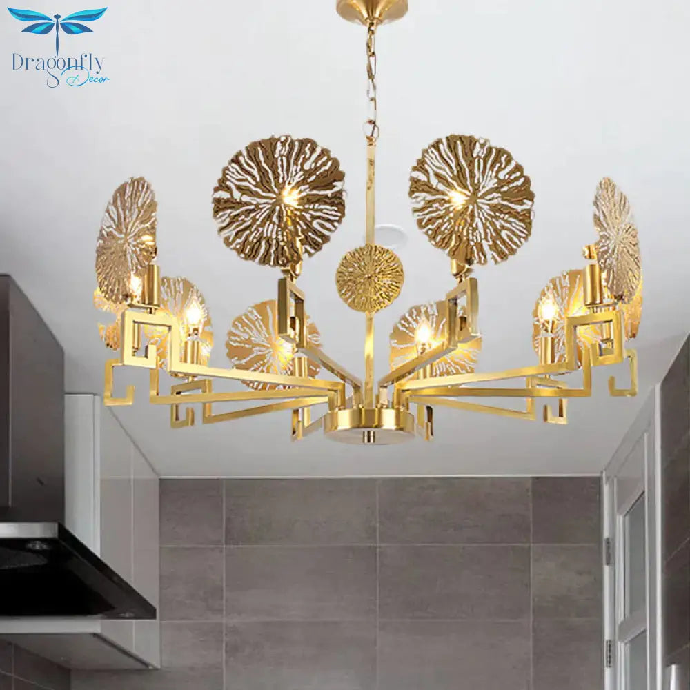 Metal Gold Chandelier Light Fixture Lotus 6/8/10 Lights Colonialism Down Lighting Pendant