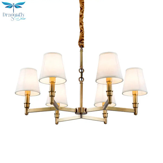 Metal Gold Chandelier Lighting Conical 6/8 - Light Countryside Suspension Pendant With Fabric Shade