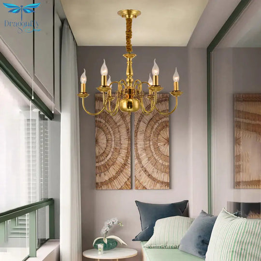 Metal Gold Pendant Chandelier Candelabra 6/8 Lights Colonialism Ceiling Hang Fixture For Living Room