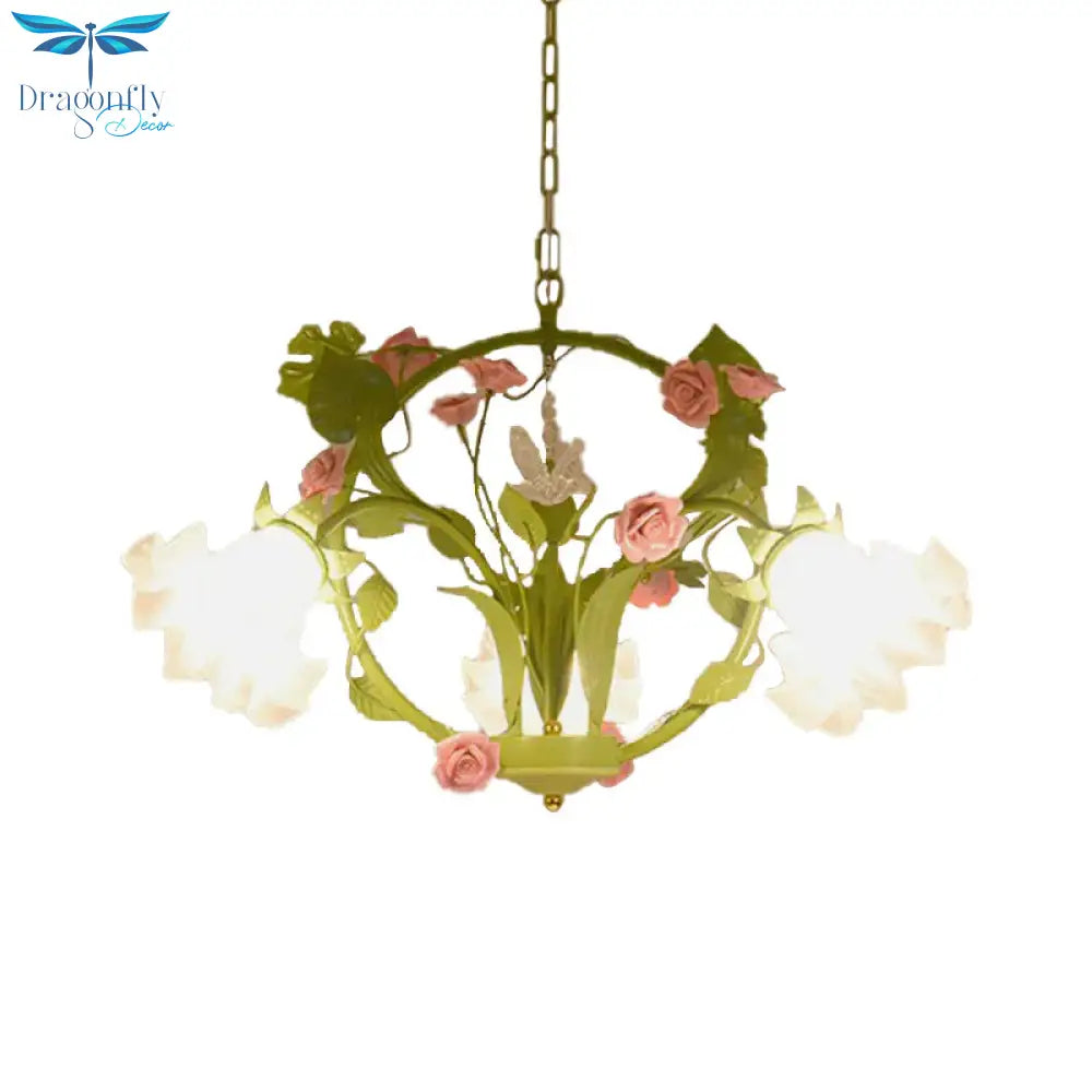 Metal Green Chandelier Lighting Circular 3/6 Heads Country Style Rose Hanging Light Fixture For