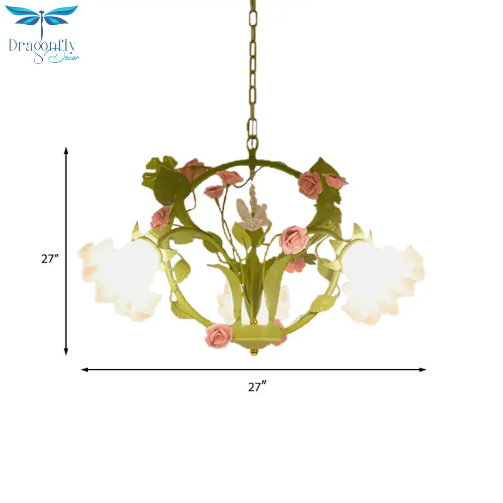Metal Green Chandelier Lighting Circular 3/6 Heads Country Style Rose Hanging Light Fixture For