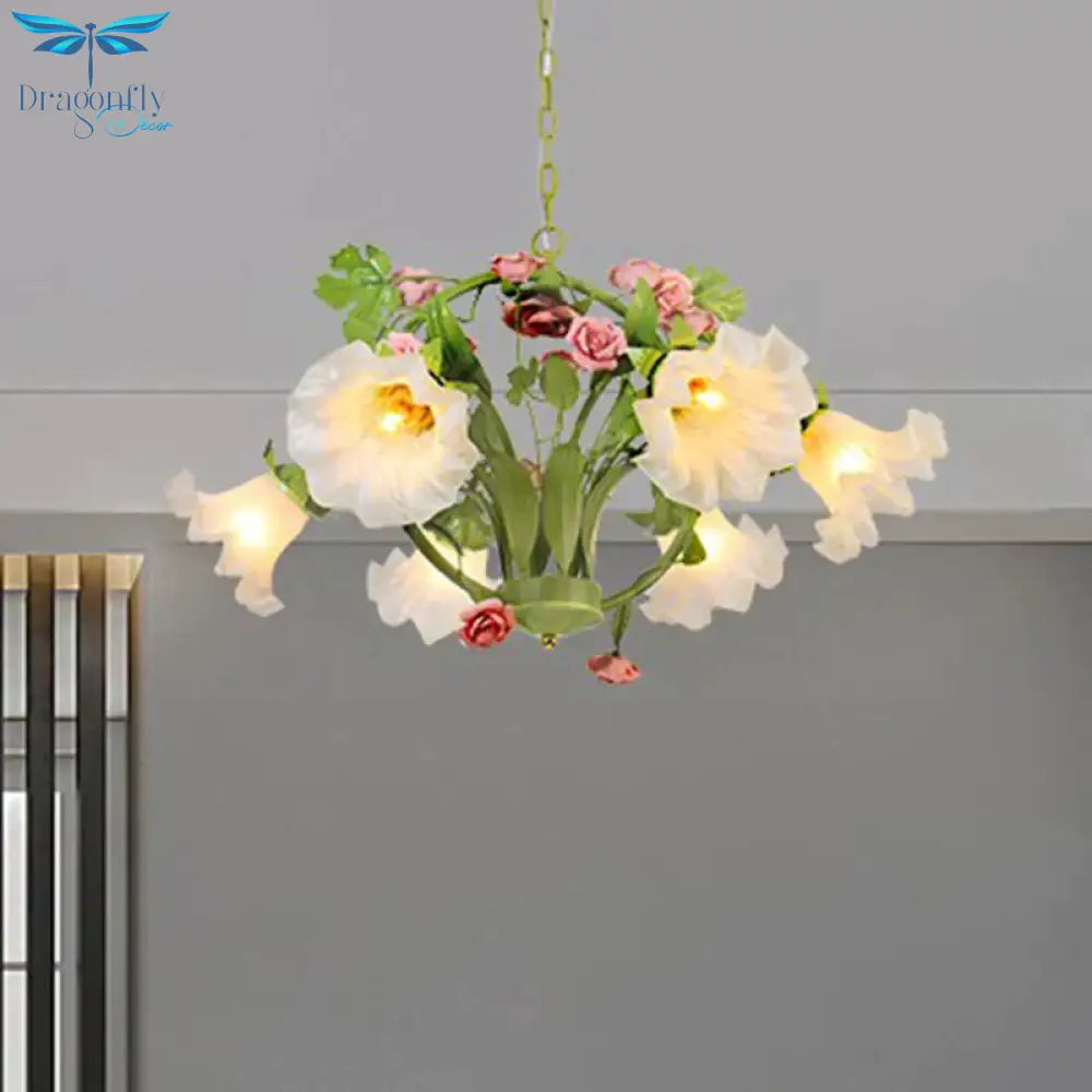 Metal Green Chandelier Lighting Circular 3/6 Heads Country Style Rose Hanging Light Fixture For