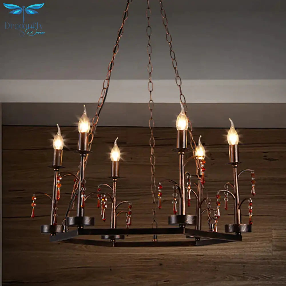 Metal Rust Pendant Lamp Geometric 6 Lights Vintage Chandelier Light Fixture For Dining Room