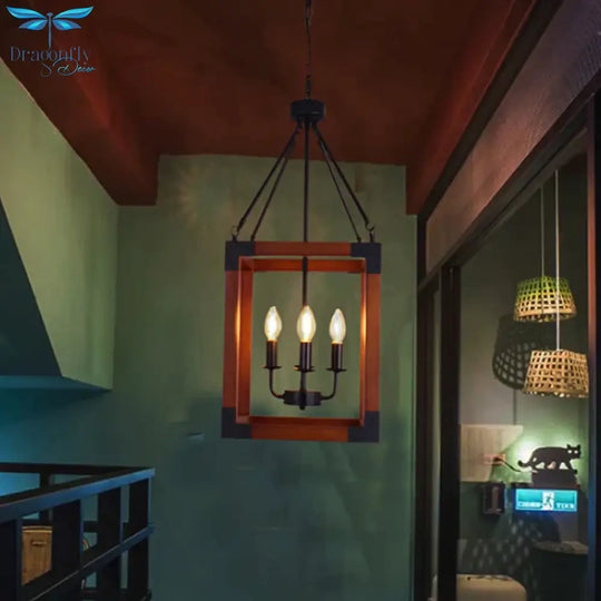 Metal Square Frame Pendant Lighting Fixture Traditional 4 Lights Restaurant Ceiling Chandelier In