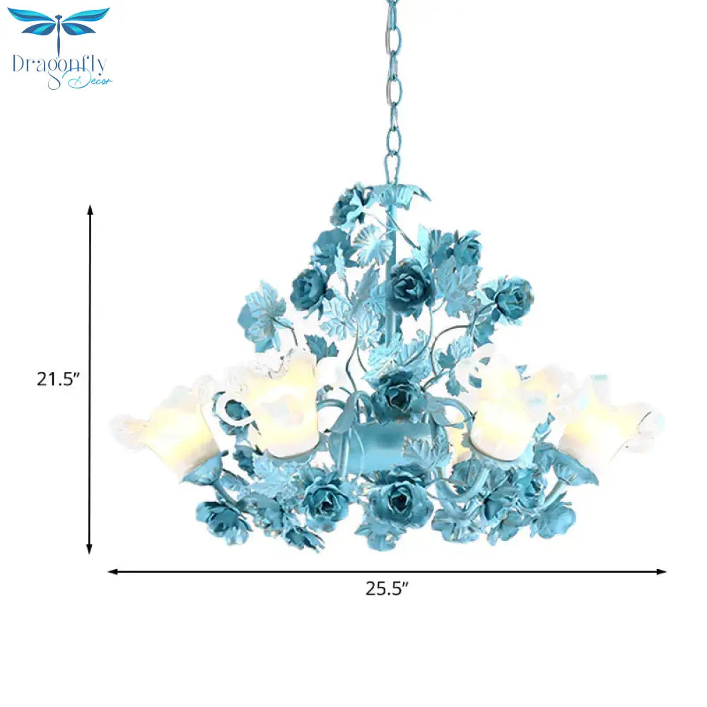 Metal Swooping Arm Suspension Lamp Korean Garden 3/6 Bulbs Bedroom Chandelier With Blue Flower And