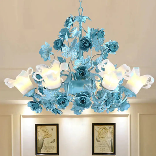 Metal Swooping Arm Suspension Lamp Korean Garden 3/6 Bulbs Bedroom Chandelier With Blue Flower And