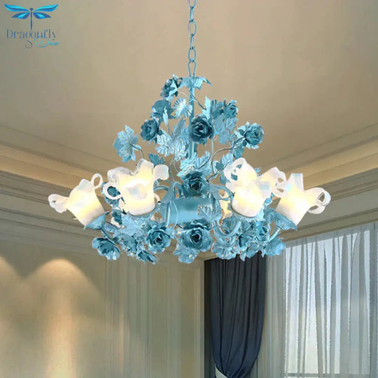 Metal Swooping Arm Suspension Lamp Korean Garden 3/6 Bulbs Bedroom Chandelier With Blue Flower And