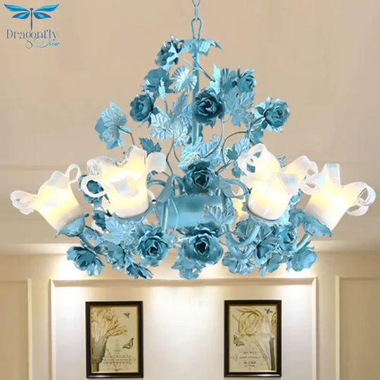 Metal Swooping Arm Suspension Lamp Korean Garden 3/6 Bulbs Bedroom Chandelier With Blue Flower And