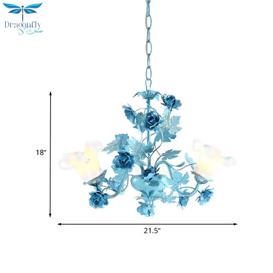 Metal Swooping Arm Suspension Lamp Korean Garden 3/6 Bulbs Bedroom Chandelier With Blue Flower And
