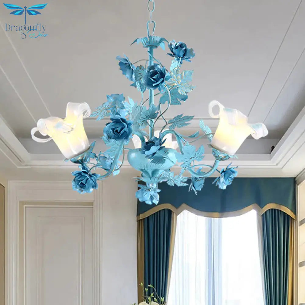 Metal Swooping Arm Suspension Lamp Korean Garden 3/6 Bulbs Bedroom Chandelier With Blue Flower And