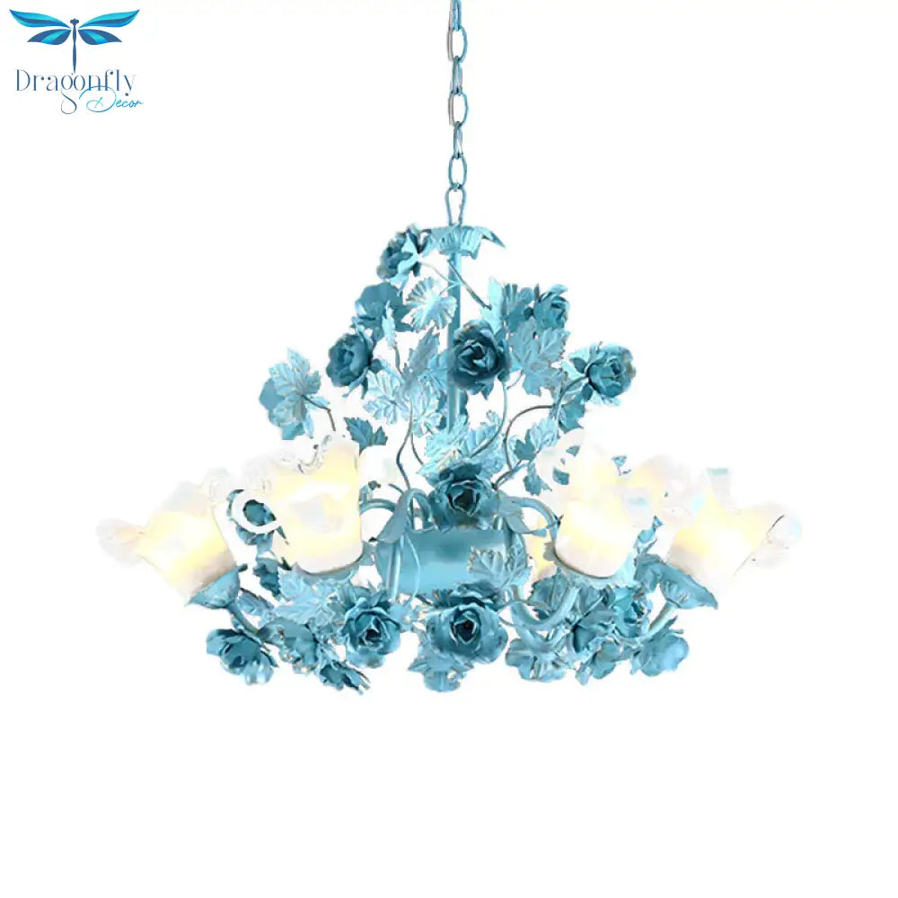 Metal Swooping Arm Suspension Lamp Korean Garden 3/6 Bulbs Bedroom Chandelier With Blue Flower And