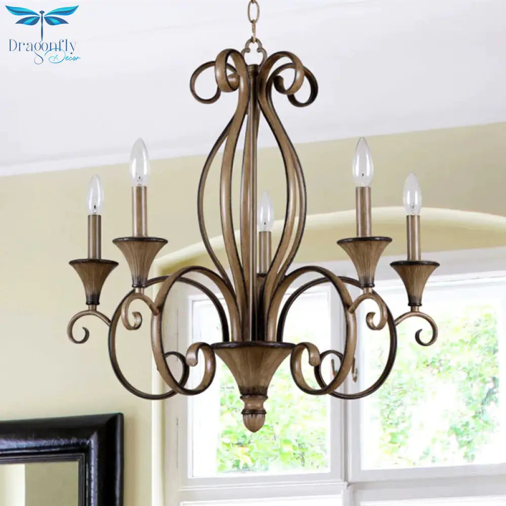 Metal Wood Pendant Lighting Swirled Arm 5 Lights Countryside Chandelier Lamp