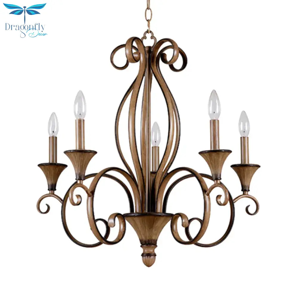 Metal Wood Pendant Lighting Swirled Arm 5 Lights Countryside Chandelier Lamp