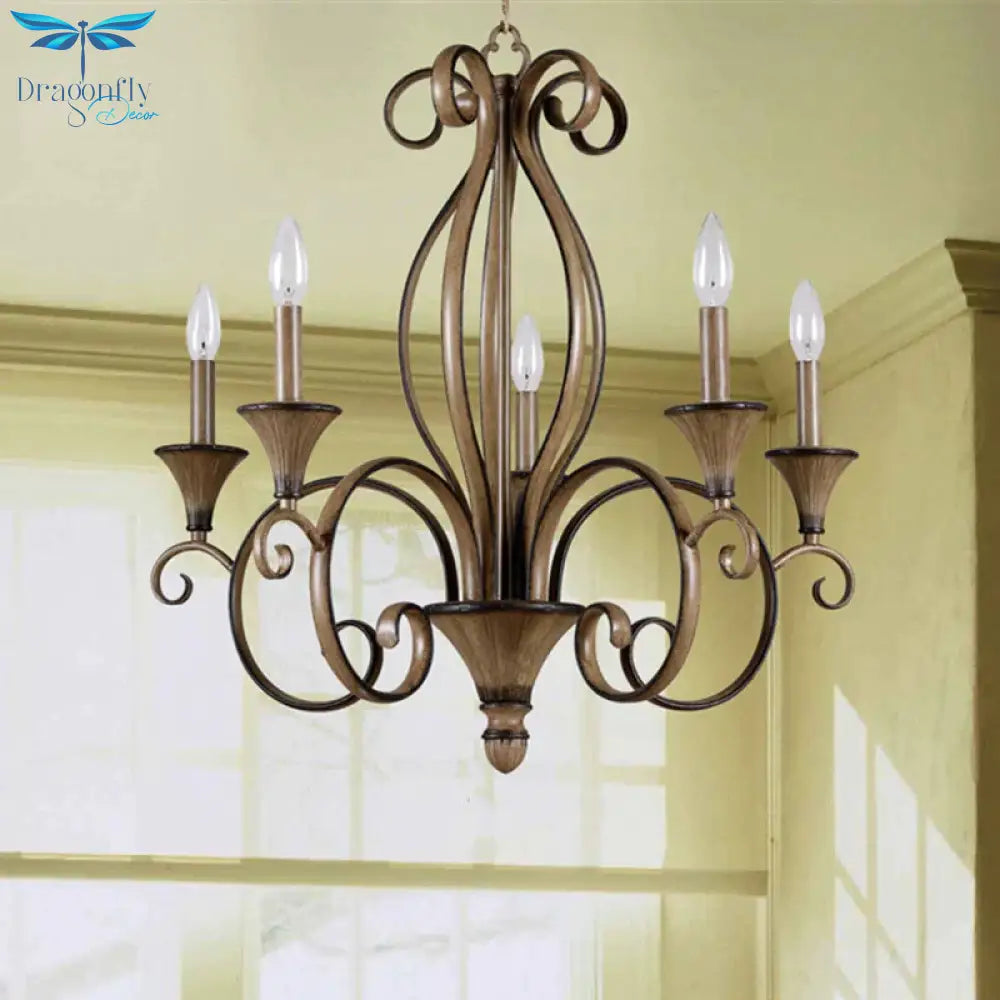 Metal Wood Pendant Lighting Swirled Arm 5 Lights Countryside Chandelier Lamp