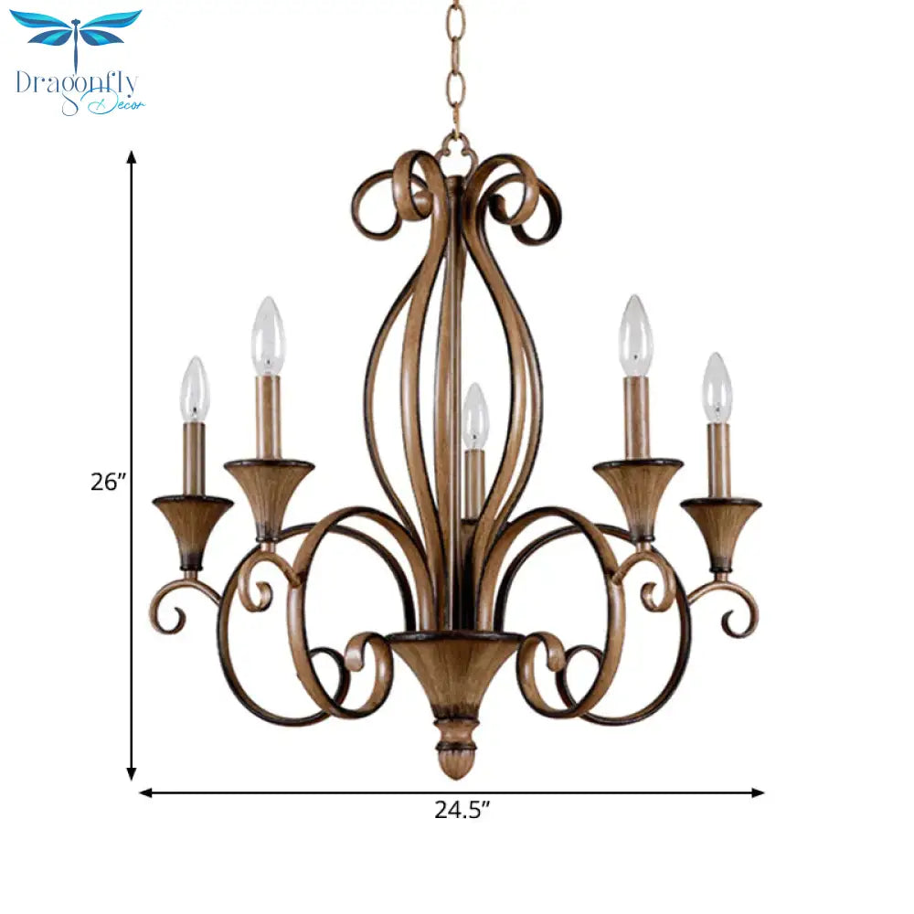 Metal Wood Pendant Lighting Swirled Arm 5 Lights Countryside Chandelier Lamp