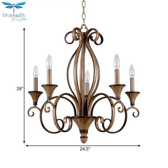 Metal Wood Pendant Lighting Swirled Arm 5 Lights Countryside Chandelier Lamp
