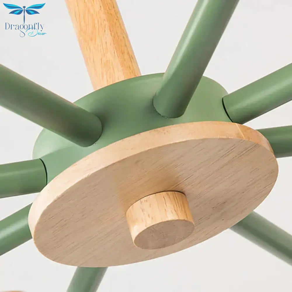 Metal Wooden Horn Shape Hanging Ceiling Lamp 8 Bulbs Chandelier In Green For Living Room