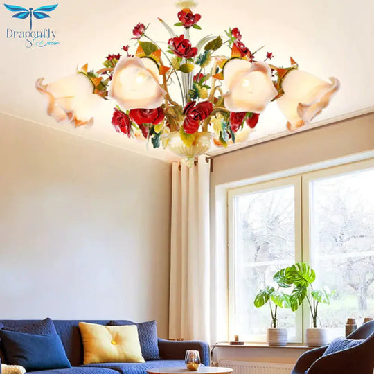 Metal Yellow Chandelier Lighting Fixture Rose 5/8 Bulbs Pastoral Style Led Hanging Ceiling Light