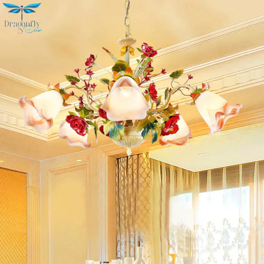 Metal Yellow Chandelier Lighting Fixture Rose 5/8 Bulbs Pastoral Style Led Hanging Ceiling Light