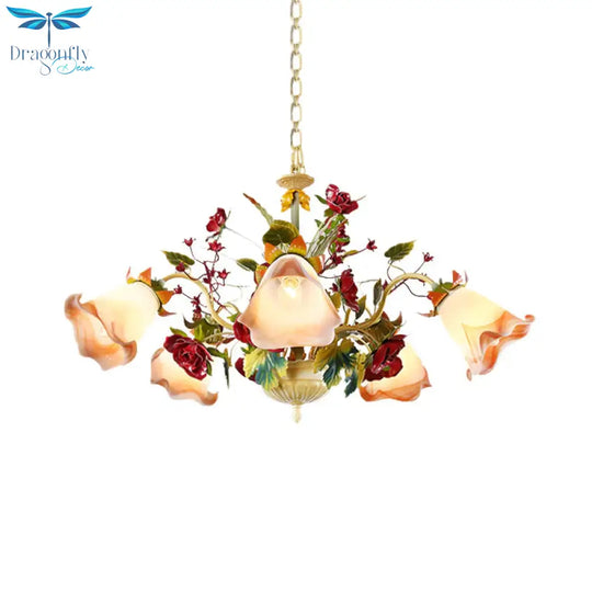 Metal Yellow Chandelier Lighting Fixture Rose 5/8 Bulbs Pastoral Style Led Hanging Ceiling Light