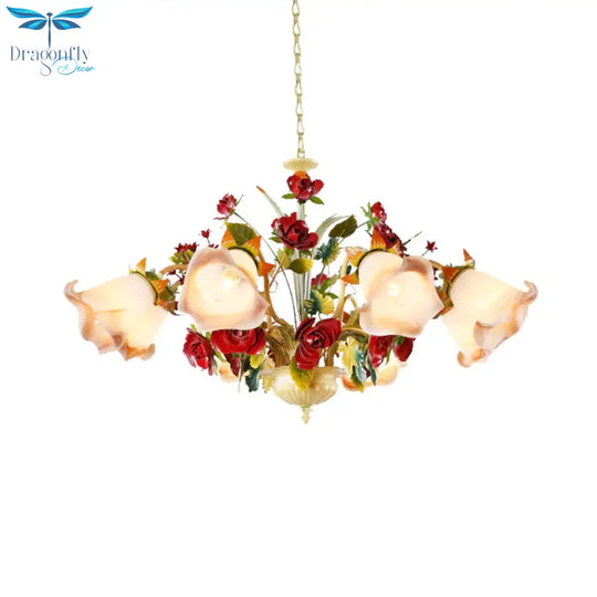 Metal Yellow Chandelier Lighting Fixture Rose 5/8 Bulbs Pastoral Style Led Hanging Ceiling Light