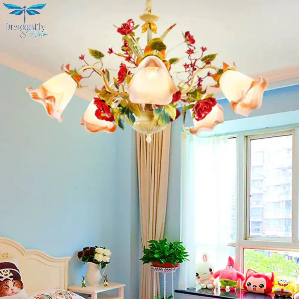Metal Yellow Chandelier Lighting Fixture Rose 5/8 Bulbs Pastoral Style Led Hanging Ceiling Light