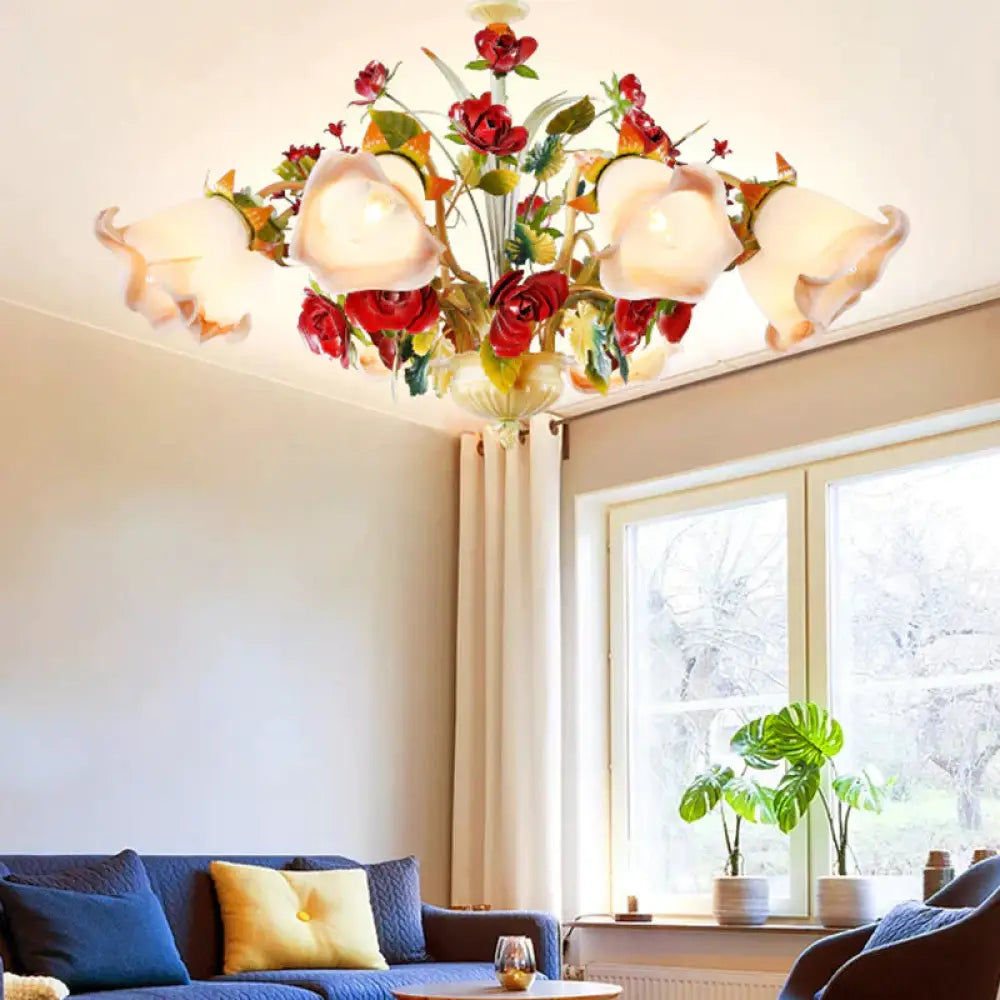 Metal Yellow Chandelier Lighting Fixture Rose 5/8 Bulbs Pastoral Style Led Hanging Ceiling Light