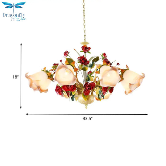Metal Yellow Chandelier Lighting Fixture Rose 5/8 Bulbs Pastoral Style Led Hanging Ceiling Light